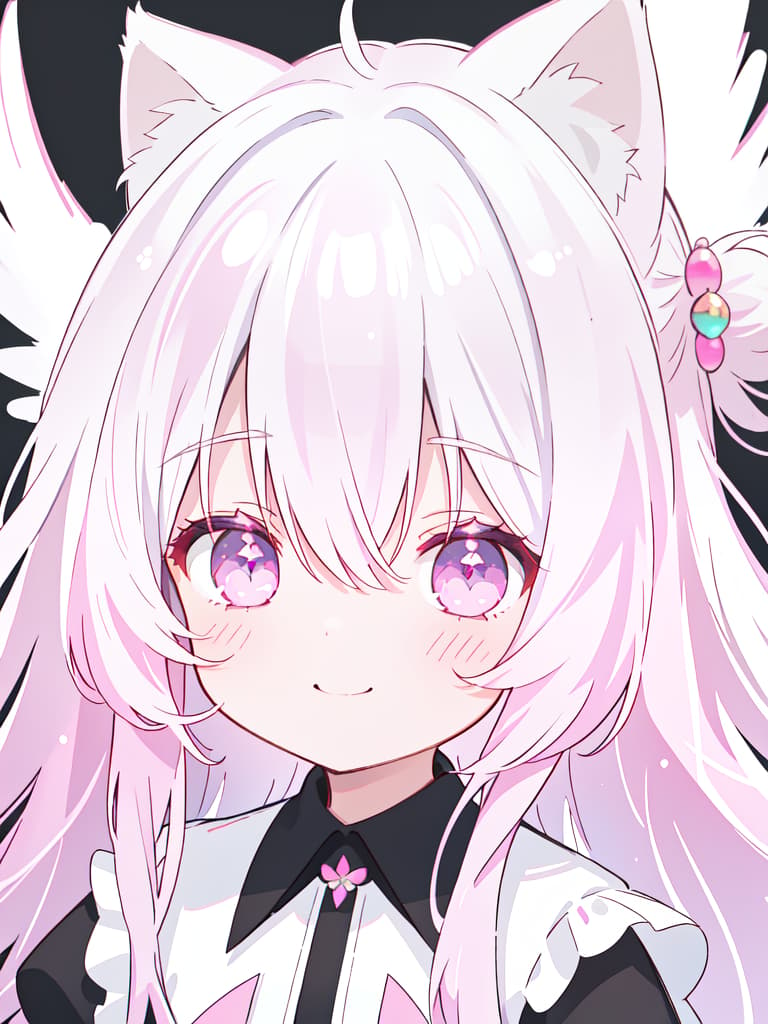  1 Girl, solo, white hair, hair tip dark pink, gradation, twosideup, long hair, angel, cat ears, smiles, masterpiece, best quality,8k,ultra detailed,high resolution,an extremely delicate and beautiful,hyper detail