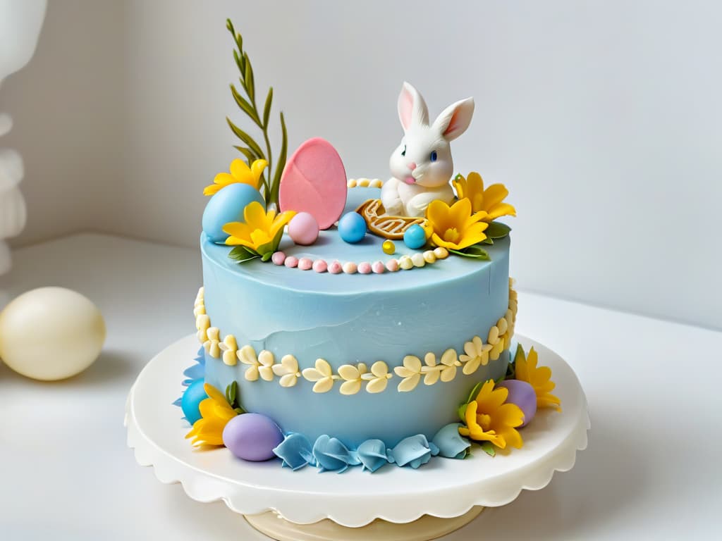  A closeup, highresolution image of a beautifully decorated Easter cake, featuring intricate sugar flowers in pastel shades of pink, yellow, and blue. The cake is elegantly displayed on a marble cake stand, with soft natural light casting delicate shadows, emphasizing the exquisite detailing and craftsmanship of the edible art piece. The minimalistic composition focuses on the intricate decorations, highlighting the artistry and symbolism of Easter in pastry making. hyperrealistic, full body, detailed clothing, highly detailed, cinematic lighting, stunningly beautiful, intricate, sharp focus, f/1. 8, 85mm, (centered image composition), (professionally color graded), ((bright soft diffused light)), volumetric fog, trending on instagram, trending on tumblr, HDR 4K, 8K