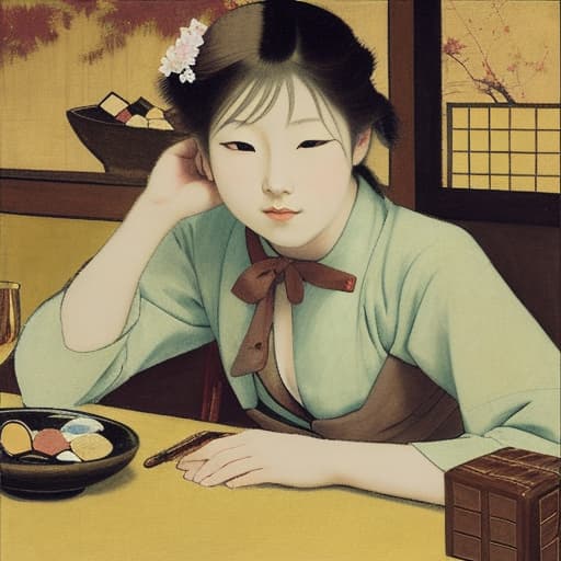  Beautiful young Japanese reclining on a dinner table, fine chocolates. Background is a Japanese restaurant. Painting style of Edgar Degas