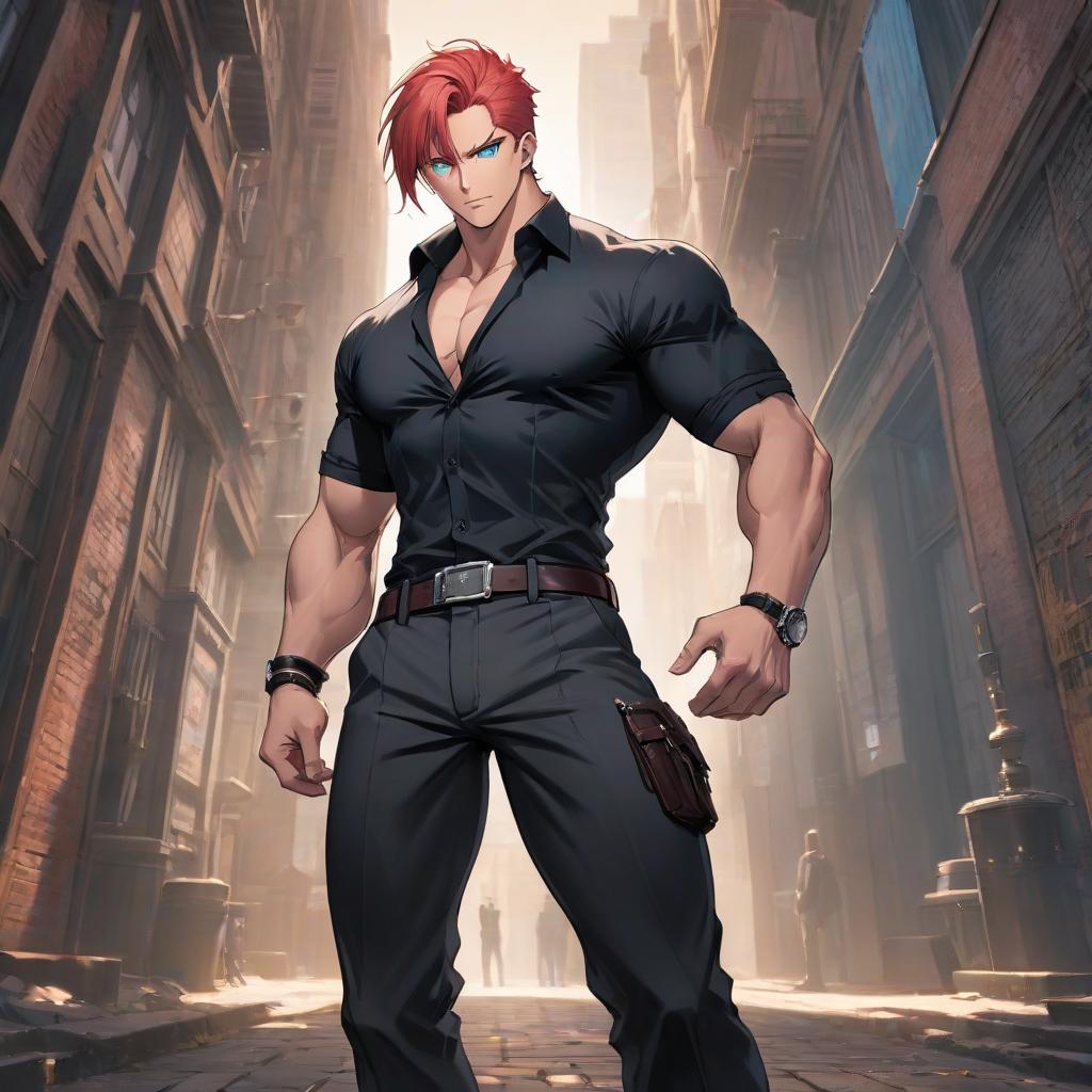  anime artwork A tall man, a muscular, wearing a black shirt with a black tie, light red hair, blue eyes, black pants, with a small black earring in his ear, sungles in the pocket of his shirt, and a belt with a large silver buckle. . anime style, key visual, vint, studio anime, highly detailed hyperrealistic, full body, detailed clothing, highly detailed, cinematic lighting, stunningly beautiful, intricate, sharp focus, f/1. 8, 85mm, (centered image composition), (professionally color graded), ((bright soft diffused light)), volumetric fog, trending on instagram, trending on tumblr, HDR 4K, 8K