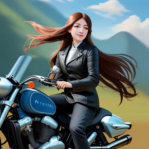  Draw a girl with long hair riding a motorcycle, Chinese, a little bit,