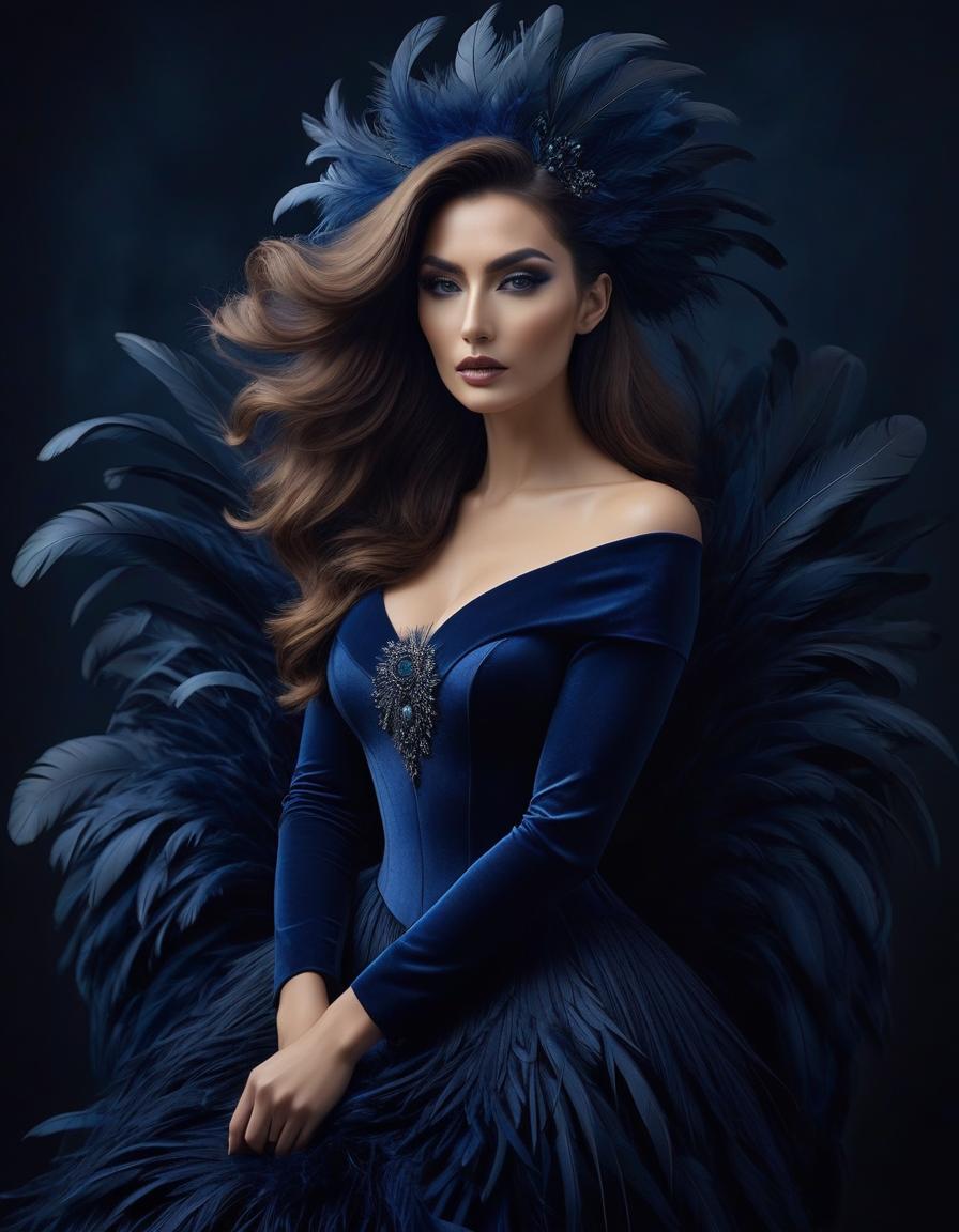  surrealist art Portrait of a beautiful in a dark blue velvet Lorrain dress, on beautiful hair adorned with soft feathers of dark blue colour . dreamlike, mysterious, , symbolic, intricate, detailed hyperrealistic, full body, detailed clothing, highly detailed, cinematic lighting, stunningly beautiful, intricate, sharp focus, f/1. 8, 85mm, (centered image composition), (professionally color graded), ((bright soft diffused light)), volumetric fog, trending on instagram, trending on tumblr, HDR 4K, 8K