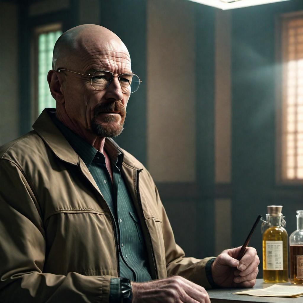  Walter White from Breaking Bad in North Korea. hyperrealistic, full body, detailed clothing, highly detailed, cinematic lighting, stunningly beautiful, intricate, sharp focus, f/1. 8, 85mm, (centered image composition), (professionally color graded), ((bright soft diffused light)), volumetric fog, trending on instagram, trending on tumblr, HDR 4K, 8K