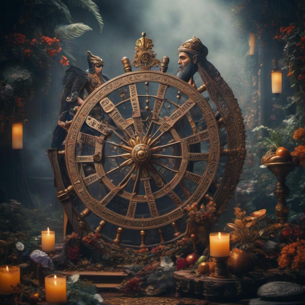  The Wheel of Fortune in Tarot hyperrealistic, full body, detailed clothing, highly detailed, cinematic lighting, stunningly beautiful, intricate, sharp focus, f/1. 8, 85mm, (centered image composition), (professionally color graded), ((bright soft diffused light)), volumetric fog, trending on instagram, trending on tumblr, HDR 4K, 8K