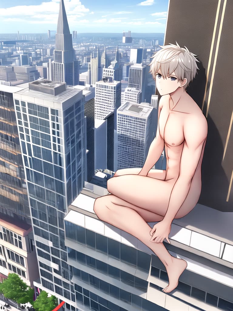  A giant, naked man sits on a building in a city