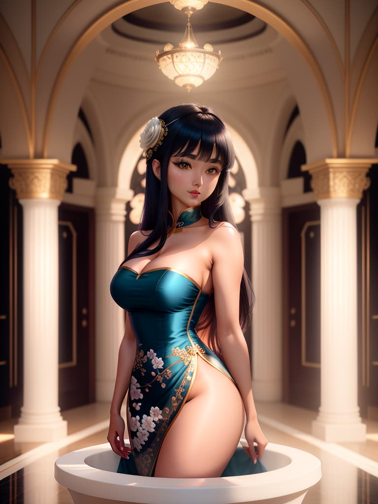  An cute and anime wearing blue china dress, black mid length hair with bangs, bare shoulders, bare arms, exudes feminine charm, greeny eyes with attractive lashes, full subtle mauve lipstick, large s covered by curved fit dress, blush, expression on face Background:luxurious room in a grand palace, oval freestanding tub with gold accents, marble floors with reflections, tall arched windows, stargazing view through a gl ceiling, warm ambient lighting, scattered rose petals, ornate pillars and arches, high end spa atmosphere, candles casting soft glow, fluffy white towels, elegant floral arrangements in vases, tranquil and serene mood, indoor poolside cherry blossoms. hyperrealistic, full body, detailed clothing, highly detailed, cinematic lighting, stunningly beautiful, intricate, sharp focus, f/1. 8, 85mm, (centered image composition), (professionally color graded), ((bright soft diffused light)), volumetric fog, trending on instagram, trending on tumblr, HDR 4K, 8K