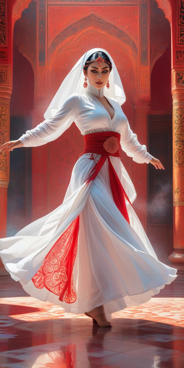  psychedelic style the art of the artist Vereshchagin, lady in white and red, oriental dance in the style of dervishes . vibrant colors, swirling patterns, abstract forms, surreal, trippy hyperrealistic, full body, detailed clothing, highly detailed, cinematic lighting, stunningly beautiful, intricate, sharp focus, f/1. 8, 85mm, (centered image composition), (professionally color graded), ((bright soft diffused light)), volumetric fog, trending on instagram, trending on tumblr, HDR 4K, 8K