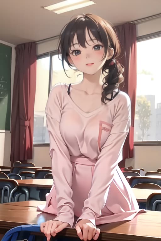  Masterpiece,1girl, parted lips, blush, makeup, light smile, uniform, classroom, light rays, glow,, collarbone, narrow waist, (masterpiece), wallpaper, sheer shirt, uncensored and hips, full body