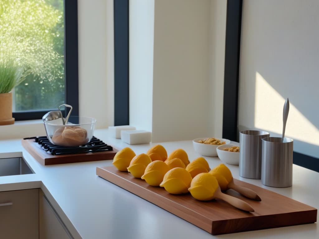  An ultradetailed image of a pristine, minimalist kitchen with sleek marble countertops showcasing an array of meticulously arranged baking tools such as rolling pins, measuring cups, whisks, and piping bags. The soft, natural light filtering through the window highlights the intricate details of the tools, casting gentle shadows on the immaculate surface. The overall aesthetic is clean, elegant, and inviting, evoking a sense of calm and focus perfect for beginners diving into the art of pastry making. hyperrealistic, full body, detailed clothing, highly detailed, cinematic lighting, stunningly beautiful, intricate, sharp focus, f/1. 8, 85mm, (centered image composition), (professionally color graded), ((bright soft diffused light)), volumetric fog, trending on instagram, trending on tumblr, HDR 4K, 8K