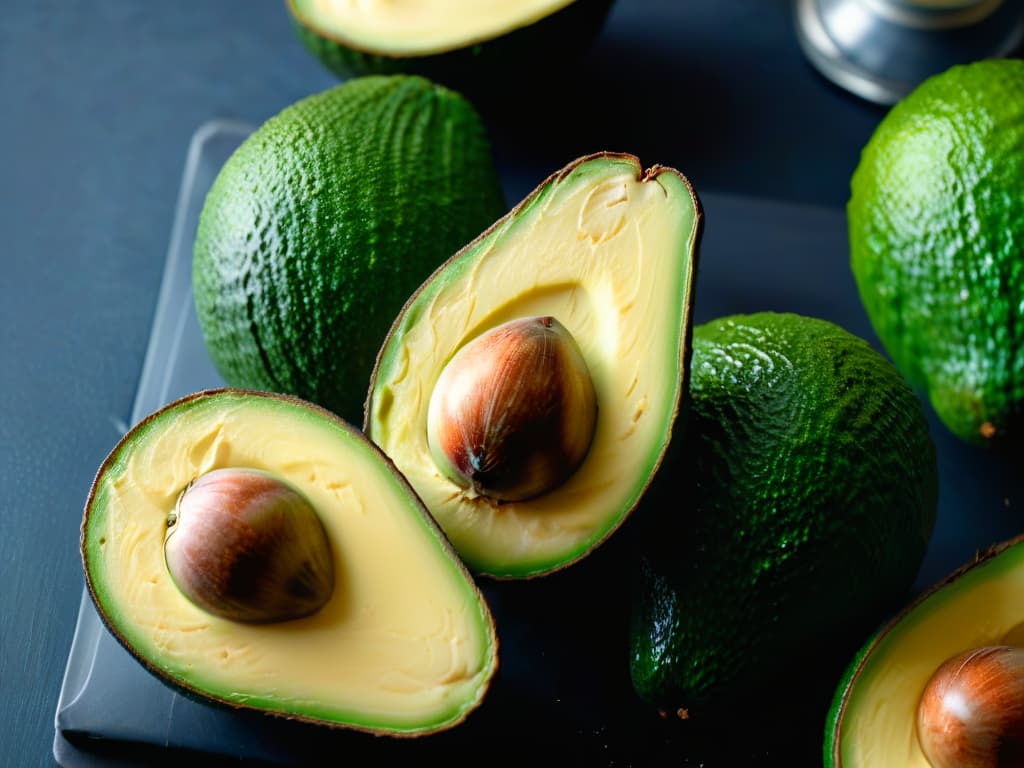  A closeup, ultradetailed image of a vibrant avocado sliced in half, showcasing its creamy texture, rich green color, and a glistening seed in the center. The intricate details of the avocado's skin, the freshness of the fruit, and the contrasting hues are captured with unparalleled clarity, inviting the viewer to appreciate the beauty and nutritional benefits of incorporating healthy fats like avocados into glutenfree recipes. hyperrealistic, full body, detailed clothing, highly detailed, cinematic lighting, stunningly beautiful, intricate, sharp focus, f/1. 8, 85mm, (centered image composition), (professionally color graded), ((bright soft diffused light)), volumetric fog, trending on instagram, trending on tumblr, HDR 4K, 8K