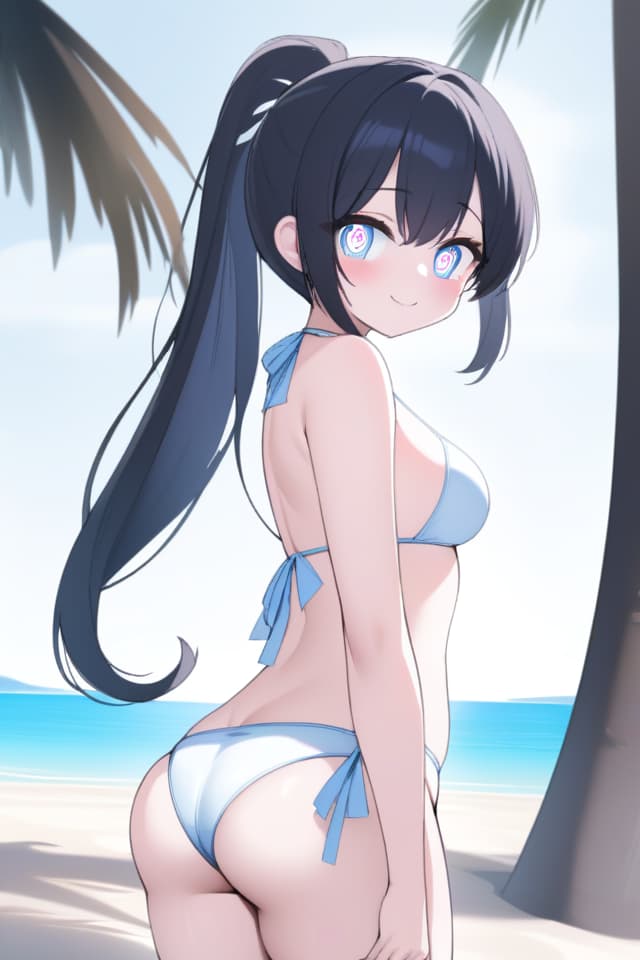  Masterpiece,one girl,cute,black glossy hair color,delicate hair color,ponytail,swaying hair,(((sparkling delicate eyes))),smiling,looking back,(((swimsuit: blue and white colors,with ribbon)))Outstanding proportions,beach,palm,painted with pink,blue and white colors,super high quality,8K