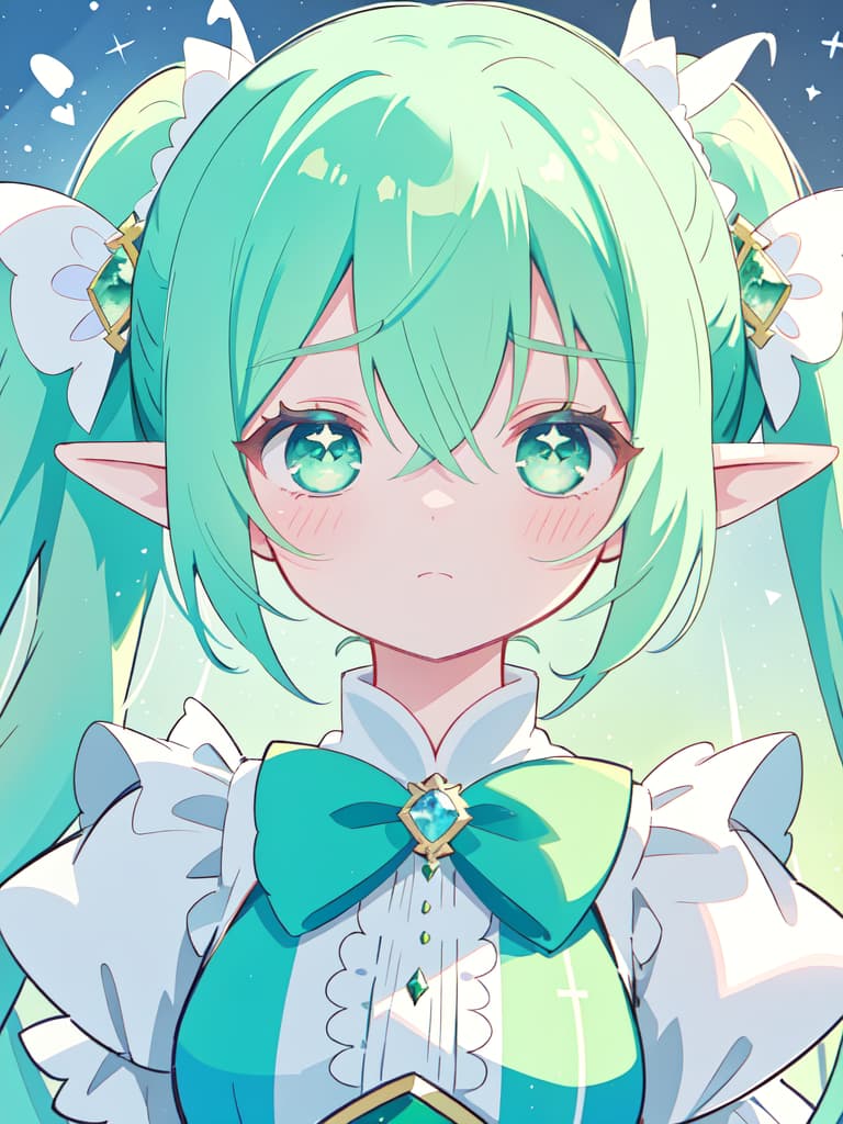  A cool expression that looks like a magical girl with a green hair character, twin tails on the elf ear, masterpiece, best quality,8k,ultra detailed,high resolution,an extremely delicate and beautiful,hyper detail