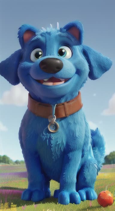  {A happy, big blue dog wagging its tail in a colorful meadow, The big blue dog is large with sky blue fur, big round eyes, a black nose, and floppy ears.