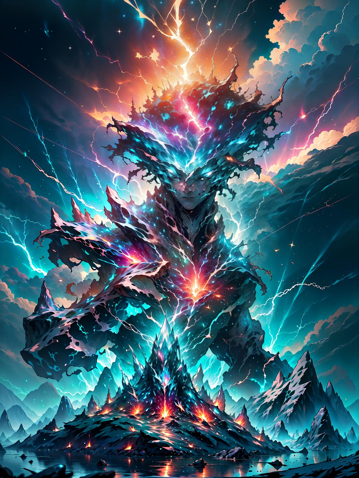  master piece, best quality, ultra detailed, highres, 4k.8k, Golem, Harnessing the lightning energy, Majestic, BREAK Mystical and powerful creation, Mountain peak, Crackling lightning bolts, ancient runes, BREAK Electrifying and awe inspiring, Glowing aura, dynamic lightning effects, crystallineAI,fantasy00d