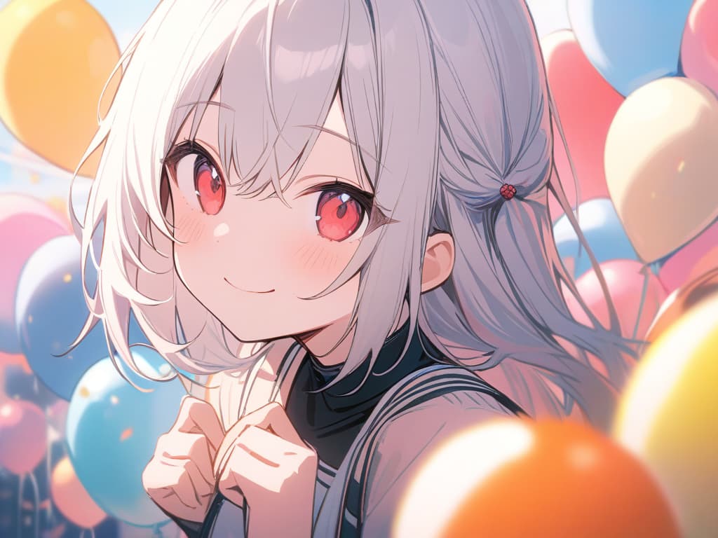  1 Girl, solo, white hair, dark pink, gradation, twosideup, long hair, smile, birthday, cute, cute, pink, balloons, celebration, red eyes, sauce eyes, masterpiece, best quality,8k,ultra detailed,high resolution,an extremely delicate and beautiful,hyper detail