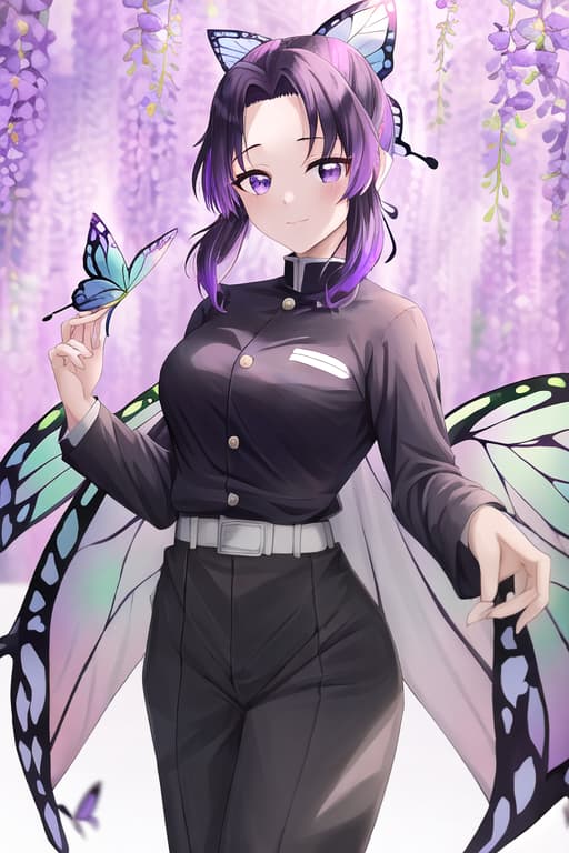  masterpiece, best quality, kochou shinobu, multicolored hair, no bangs, hair intakes, purple eyes, forehead, black shirt, black pants, haori, butterfly, buttons, belt,Angel, white dress, multiple wings, large wings, fairy, masterpiece, best quality, high quality, solo