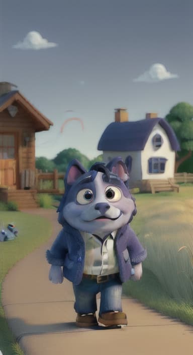  {Max walking back towards the cozy little house with droopy eyes, as twilight falls, The big blue dog is large with sky blue fur, big round eyes, a black nose, and floppy ears.