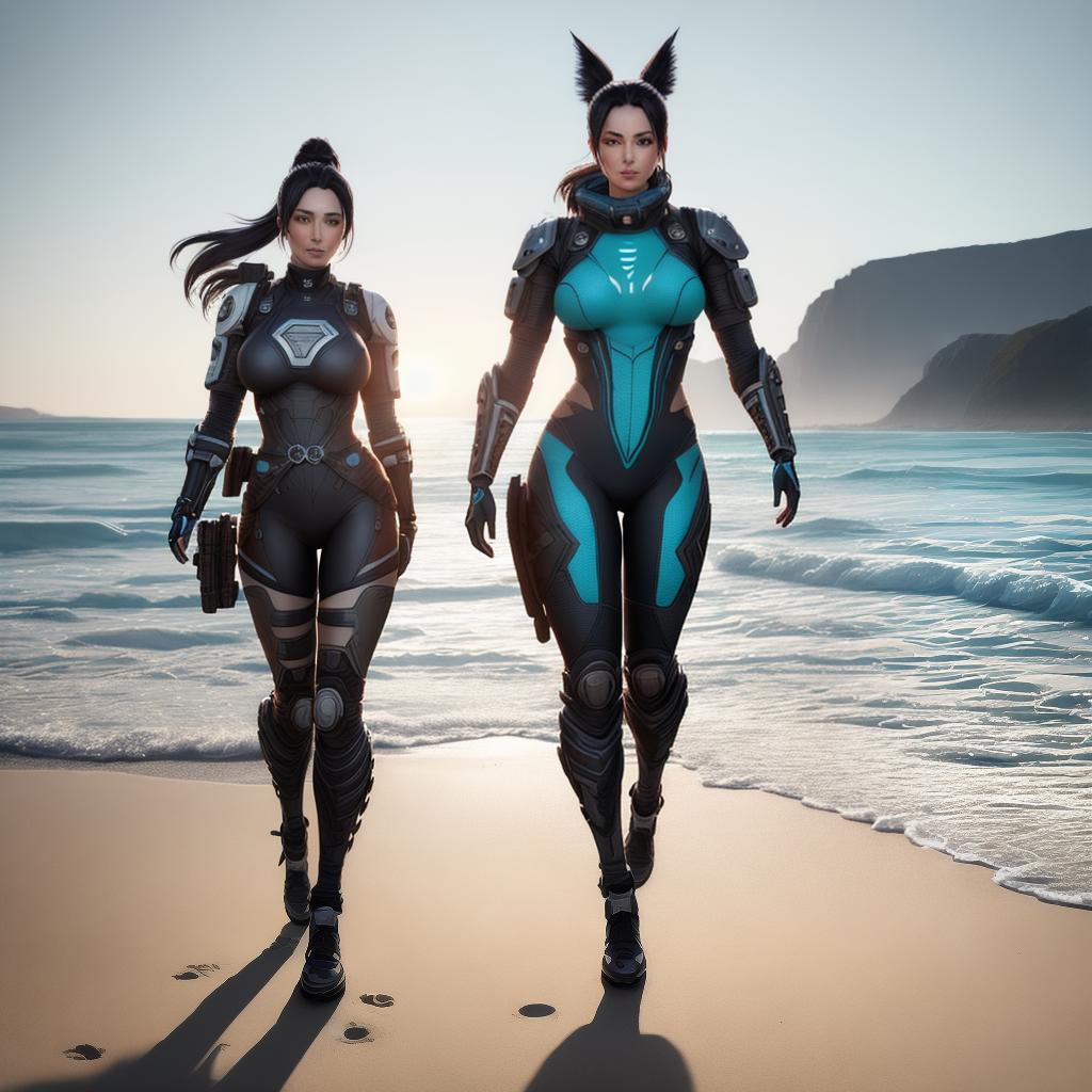  Create an ((ultra-detailed)) 8k digital painting of Wraith, the character from Apex Legends, dressed in beach attire, walking along a sunny beach with gentle waves crashing on the shore in a realistic art style. hyperrealistic, full body, detailed clothing, highly detailed, cinematic lighting, stunningly beautiful, intricate, sharp focus, f/1. 8, 85mm, (centered image composition), (professionally color graded), ((bright soft diffused light)), volumetric fog, trending on instagram, trending on tumblr, HDR 4K, 8K