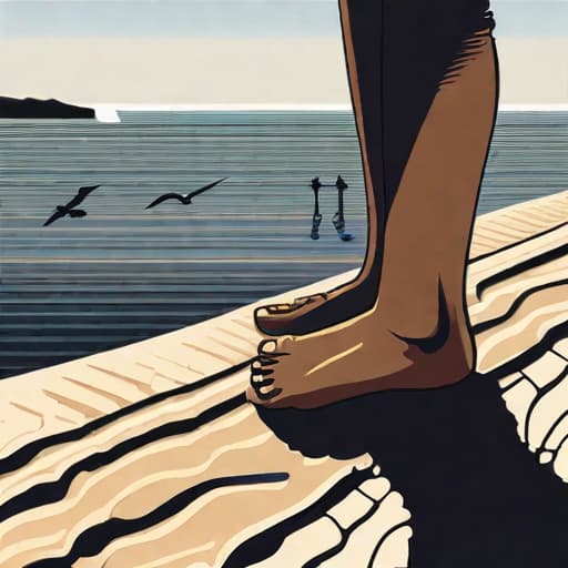  Young woman with long brown hair, fringe, jeans, t-shirt, no shoes, feet in the sand, sitting on a wall on the beach, looking at the sea horizon sadly and some seagulls in the sky.