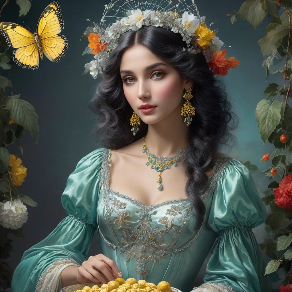  Elaborate body parts, high detail, high processing. Proper hand imaging. A very pretty girl in a fitted silver dress that is narrow at the top but widens at the bottom. Feronniere. Flying ball gown, lightweight. Silk satin dress. A tiara on her forehead, wavy black hair, clear gray eyes. In the eyes of wisdom, beauty, nobility. Alfonso Mucha, Honoré Fargonard. A ball of black thread, the threads are scattered. Dark gray background.A masterpiece. Frosty morning.Digital art. Rakhat lukum. Sweetness. Rahat lukum with nuts, yellow, blue, green, red. Rahat lukum sprinkled with powdered sugar. Baklava. Masterpiece. Blue and emerald butterfly, yellow dots on the wings. Blue sky in the background. A masterpiece. Dreamcatcher, gilding, inside the d hyperrealistic, full body, detailed clothing, highly detailed, cinematic lighting, stunningly beautiful, intricate, sharp focus, f/1. 8, 85mm, (centered image composition), (professionally color graded), ((bright soft diffused light)), volumetric fog, trending on instagram, trending on tumblr, HDR 4K, 8K