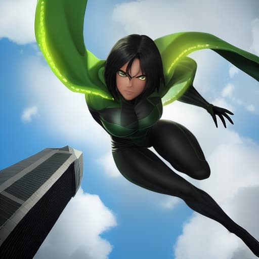  make a character superhero with green dark hair and black superhero costume and clouds around