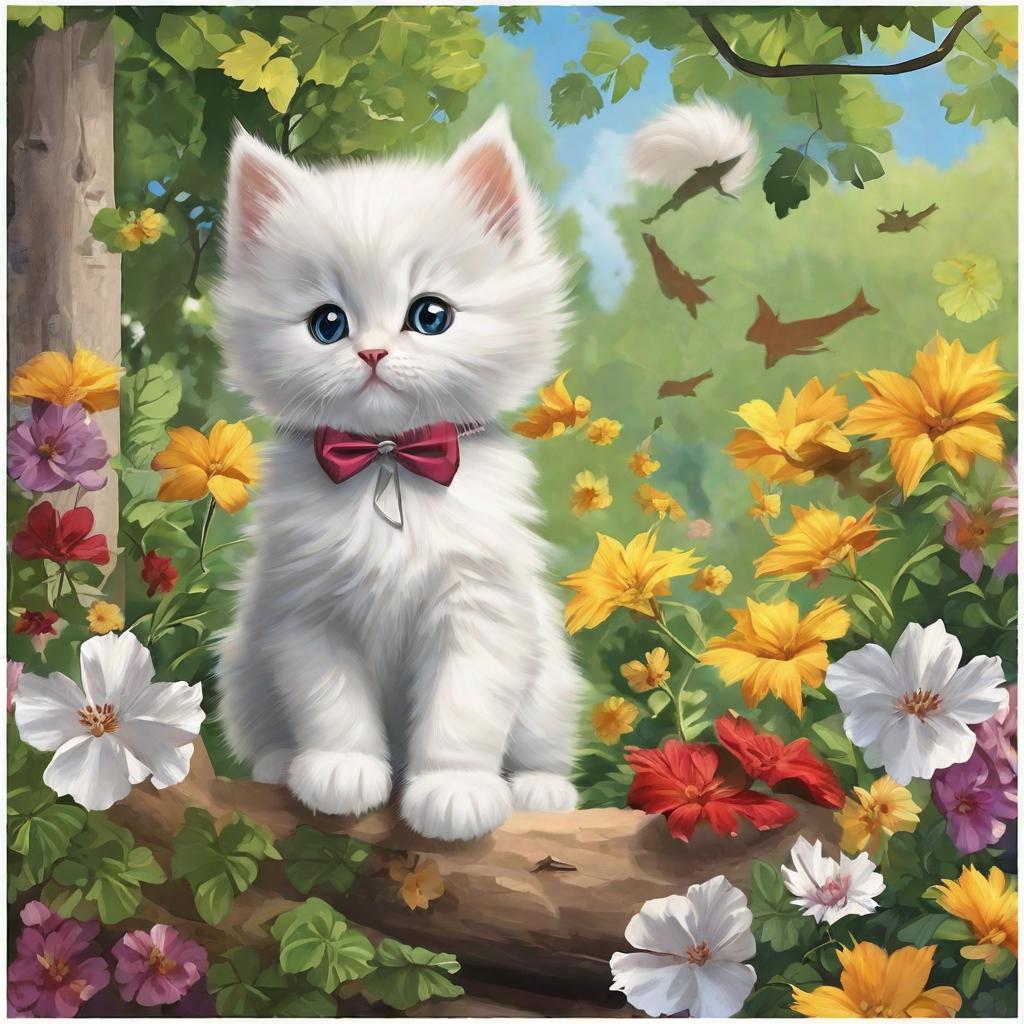  masterpiece, best quality,A jumping white kitten, in the big forest