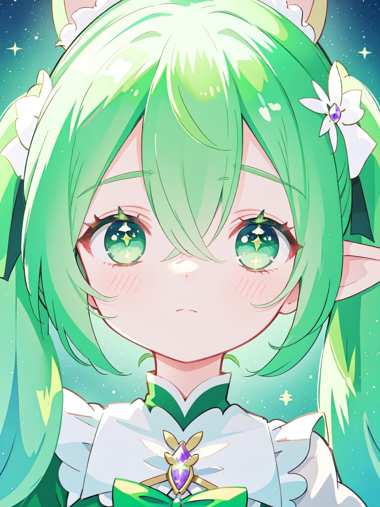  Green hair character's magical girl's appearance of the magical girl, the elf ears, twin tails, silence, masterpiece, best quality,8k,ultra detailed,high resolution,an extremely delicate and beautiful,hyper detail