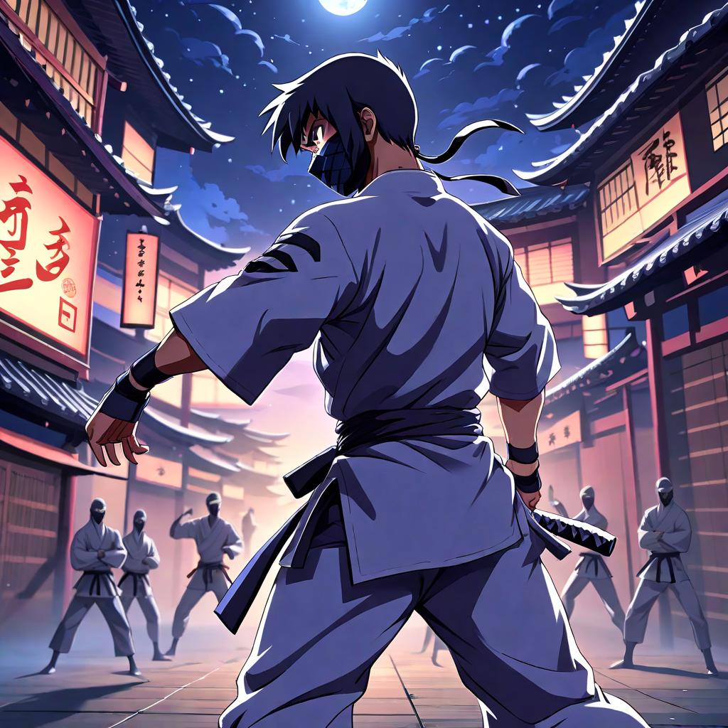  anime style artwork, (masterpiece:1.1), (highest quality:1.1), karate cloth ninja at night, anime style, key visual, vibrant, studio anime, highly detailed