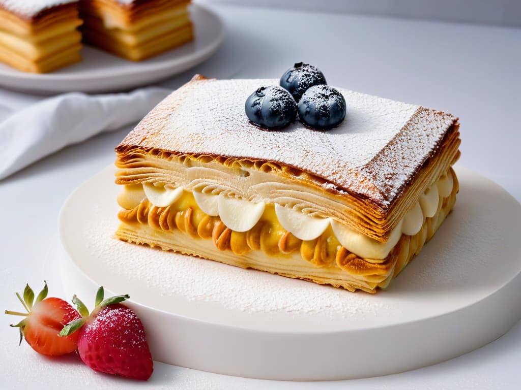  A closeup, minimalist shot of a slice of Torta de Milhojas Latinoamericana, showcasing its delicate layers of puff pastry and creamy filling, garnished with a sprinkle of powdered sugar and fresh berries on a sleek, white plate. hyperrealistic, full body, detailed clothing, highly detailed, cinematic lighting, stunningly beautiful, intricate, sharp focus, f/1. 8, 85mm, (centered image composition), (professionally color graded), ((bright soft diffused light)), volumetric fog, trending on instagram, trending on tumblr, HDR 4K, 8K