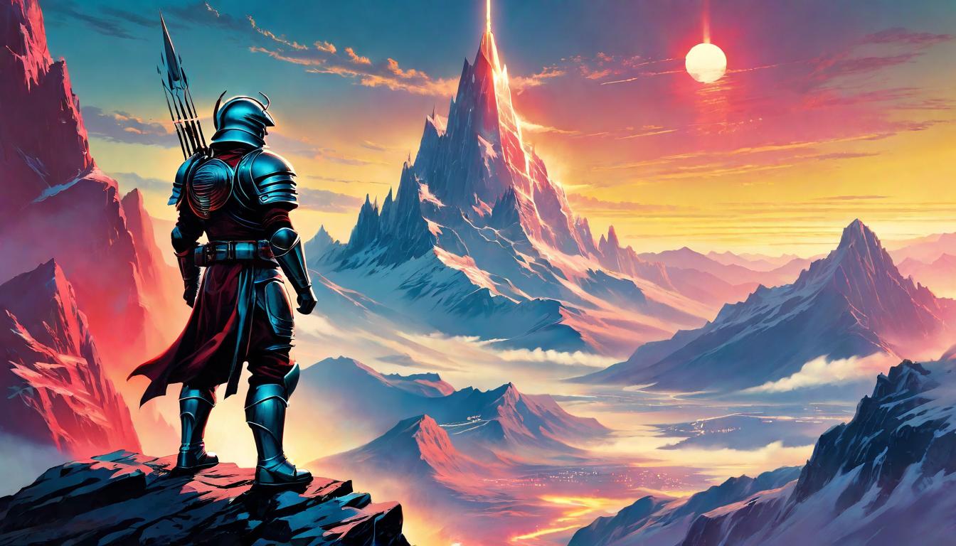  retro futuristic Warrior donning light infused armor, standing on mountain peak; dawn breaking; metaphor for the honor of participation; epic fantasy art with dramatic lighting and expansive landscapes lvintage sci fi, 50s and 60s style, atomic age, vibrant, highly detailed