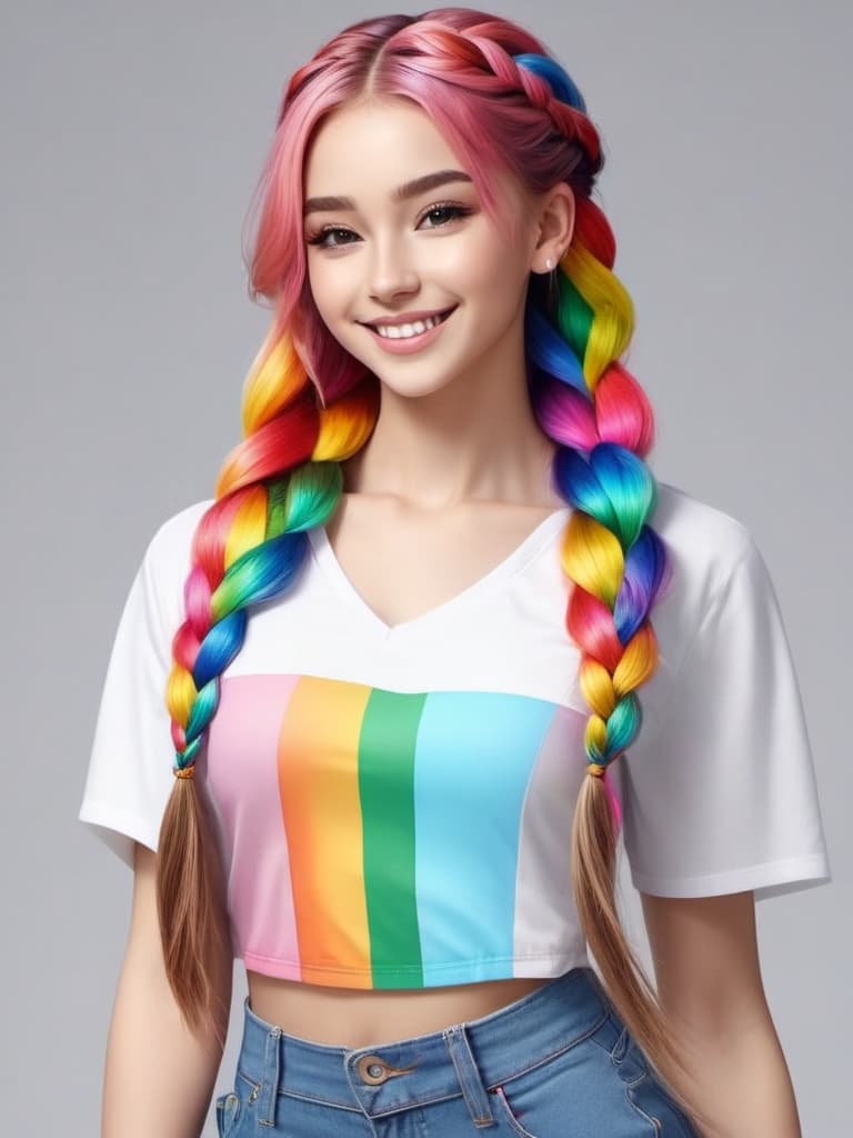 girl in full growth, rainbow long hair braided, smiling, atletic small waist, symmetrical perfect body, small, realistic skin texture