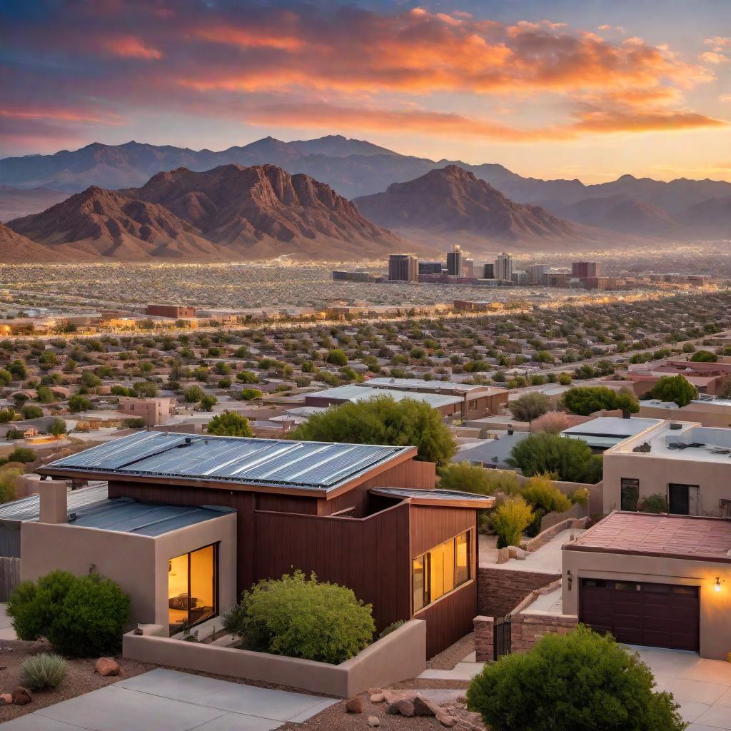  A residential home featuring a complex roof structure on one side and a simple gable roof on the other, set against the cityscape of El Paso, TX in the background to highlight the contrast between roofing styles within the context of the local environment. hyperrealistic, full body, detailed clothing, highly detailed, cinematic lighting, stunningly beautiful, intricate, sharp focus, f/1. 8, 85mm, (centered image composition), (professionally color graded), ((bright soft diffused light)), volumetric fog, trending on instagram, trending on tumblr, HDR 4K, 8K