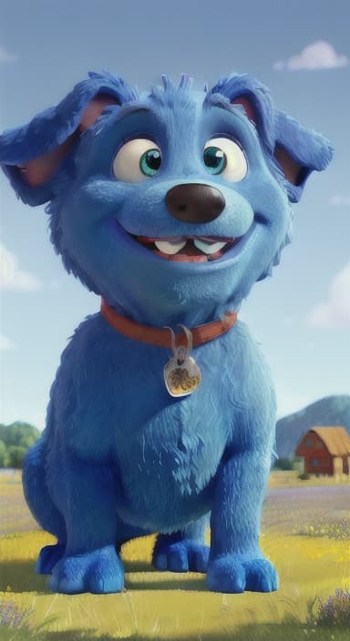  {A happy, big blue dog wagging its tail in a colorful meadow, The big blue dog is large with sky blue fur, big round eyes, a black nose, and floppy ears.