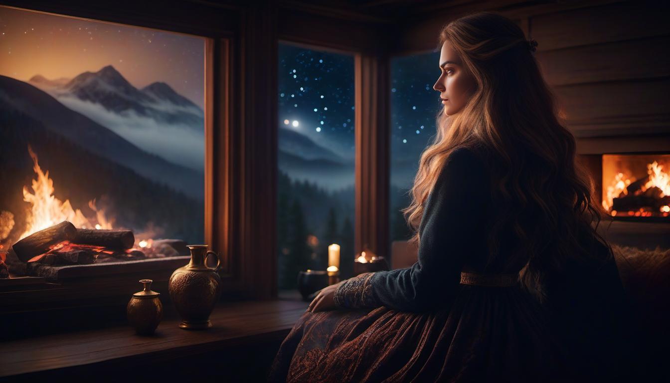  A long haired girl is looking out the window at the night sky, a fireplace nearby. hyperrealistic, full body, detailed clothing, highly detailed, cinematic lighting, stunningly beautiful, intricate, sharp focus, f/1. 8, 85mm, (centered image composition), (professionally color graded), ((bright soft diffused light)), volumetric fog, trending on instagram, trending on tumblr, HDR 4K, 8K