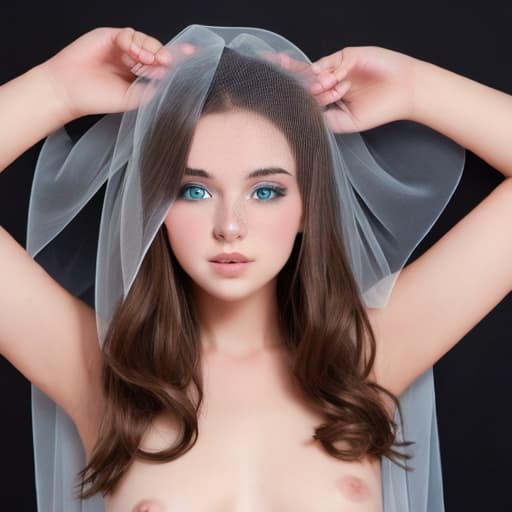  cute nude brunette and blonde  long blue veil  posing