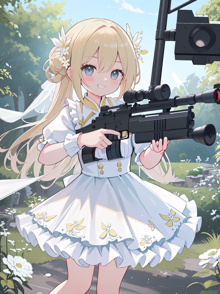  the bride who shoots wildly a machine gun、dutch angle、action pose、(grinning shooting、aiming at viewer、holding the machine gun)、best quality:1.4、masterpiece:1.4、ultra detailed texture、RAW photorealistic、absurd resolution、8K illustration、💩、💩、💩、💩、💩、, masterpiece, best quality,8k,ultra detailed,high resolution,an extremely delicate and beautiful,hyper detail