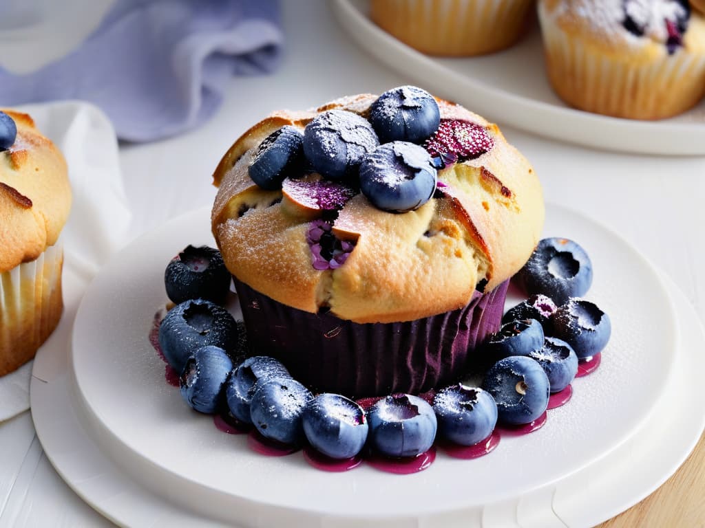  A closeup, ultradetailed image of a freshly baked blueberry muffin topped with a sprinkle of dried blueberries, showcasing the vibrant purple hue and wrinkled texture of the dried fruit against the goldenbrown surface of the muffin. The lighting is soft and natural, highlighting the contrast between the moist interior of the muffin and the slightly chewy dried blueberries on top. This image captures the essence of incorporating dried blueberries into desserts, inviting the viewer to savor the antioxidantrich treat. hyperrealistic, full body, detailed clothing, highly detailed, cinematic lighting, stunningly beautiful, intricate, sharp focus, f/1. 8, 85mm, (centered image composition), (professionally color graded), ((bright soft diffused light)), volumetric fog, trending on instagram, trending on tumblr, HDR 4K, 8K