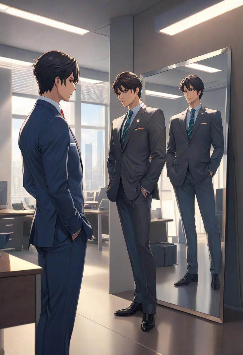  anime artwork A man in an office suit is looking at the mirror, in the reflection, there should be no one but him wearing armor. [](https://youtu.be/dQw4w9WgXcQ) . anime style, key visual, vibrant, studio anime, highly detailed hyperrealistic, full body, detailed clothing, highly detailed, cinematic lighting, stunningly beautiful, intricate, sharp focus, f/1. 8, 85mm, (centered image composition), (professionally color graded), ((bright soft diffused light)), volumetric fog, trending on instagram, trending on tumblr, HDR 4K, 8K