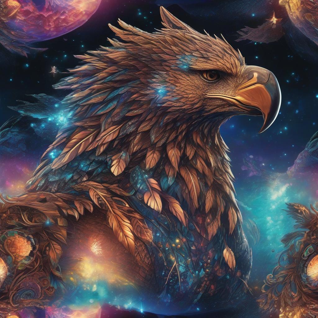  space themed (masterpiece, formal art, richly colored background: 1.2), Crystal Mythical Griffin. Feathers made of black crystals. Bioluminescent glow, shimmer, shine. Neon Lights (Starry Sky: 1.2), (Vivid Colors: 1.3), 4k HDR, cgi . cosmic, celestial, stars, galaxies, nebulas, planets, science fiction, highly detailed hyperrealistic, full body, detailed clothing, highly detailed, cinematic lighting, stunningly beautiful, intricate, sharp focus, f/1. 8, 85mm, (centered image composition), (professionally color graded), ((bright soft diffused light)), volumetric fog, trending on instagram, trending on tumblr, HDR 4K, 8K