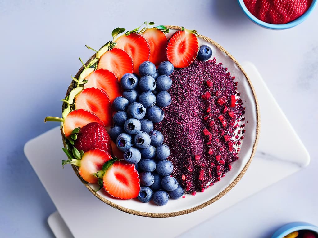  A highresolution closeup image of a vibrant açaí bowl topped with a perfectly sliced dragon fruit, juicy blueberries, ripe strawberries, and a sprinkle of chia seeds, all set against a sleek, white marble backdrop. The deep purple hues of the açaí contrast beautifully with the bright pops of red and blue, creating a visually striking and appetizing composition that embodies the exotic and healthy essence of açaíinfused desserts. hyperrealistic, full body, detailed clothing, highly detailed, cinematic lighting, stunningly beautiful, intricate, sharp focus, f/1. 8, 85mm, (centered image composition), (professionally color graded), ((bright soft diffused light)), volumetric fog, trending on instagram, trending on tumblr, HDR 4K, 8K