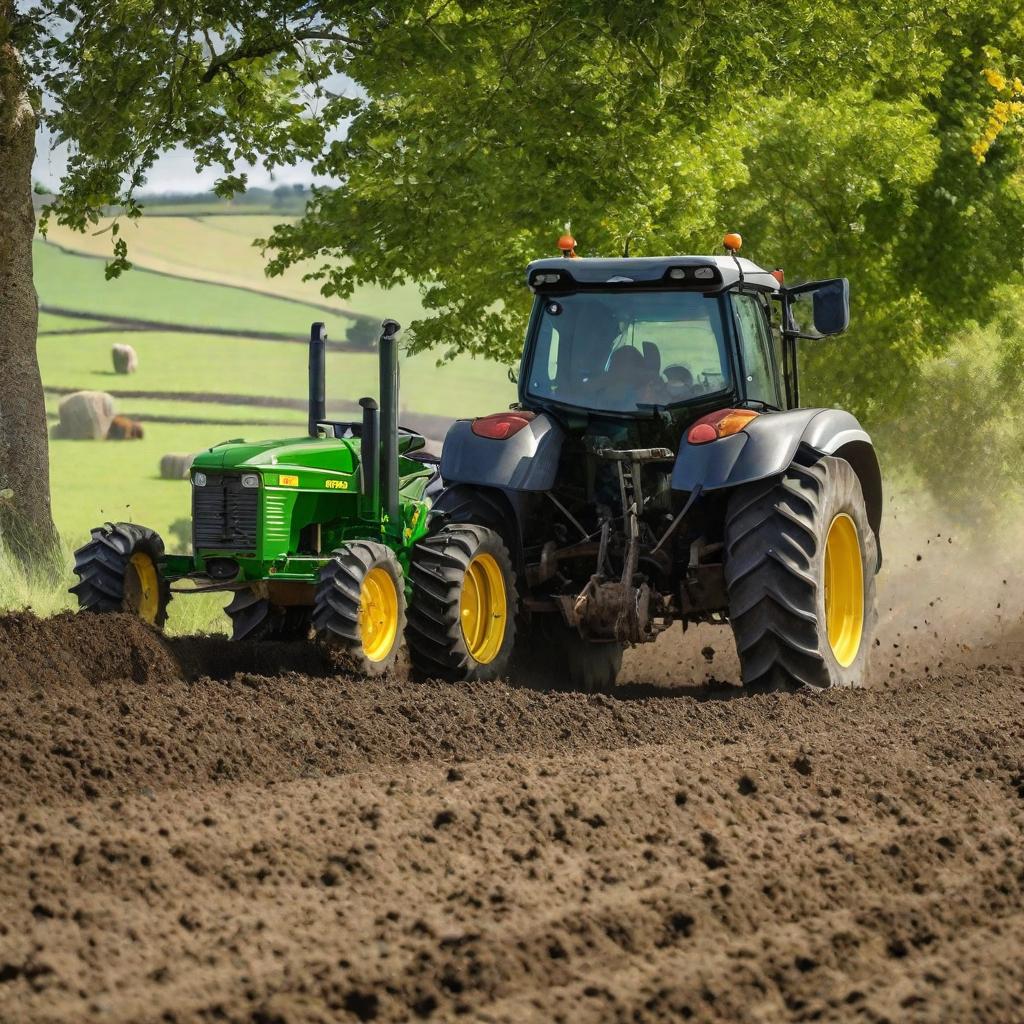  cattle pulling the tractor in front, plowing with the plough at the back