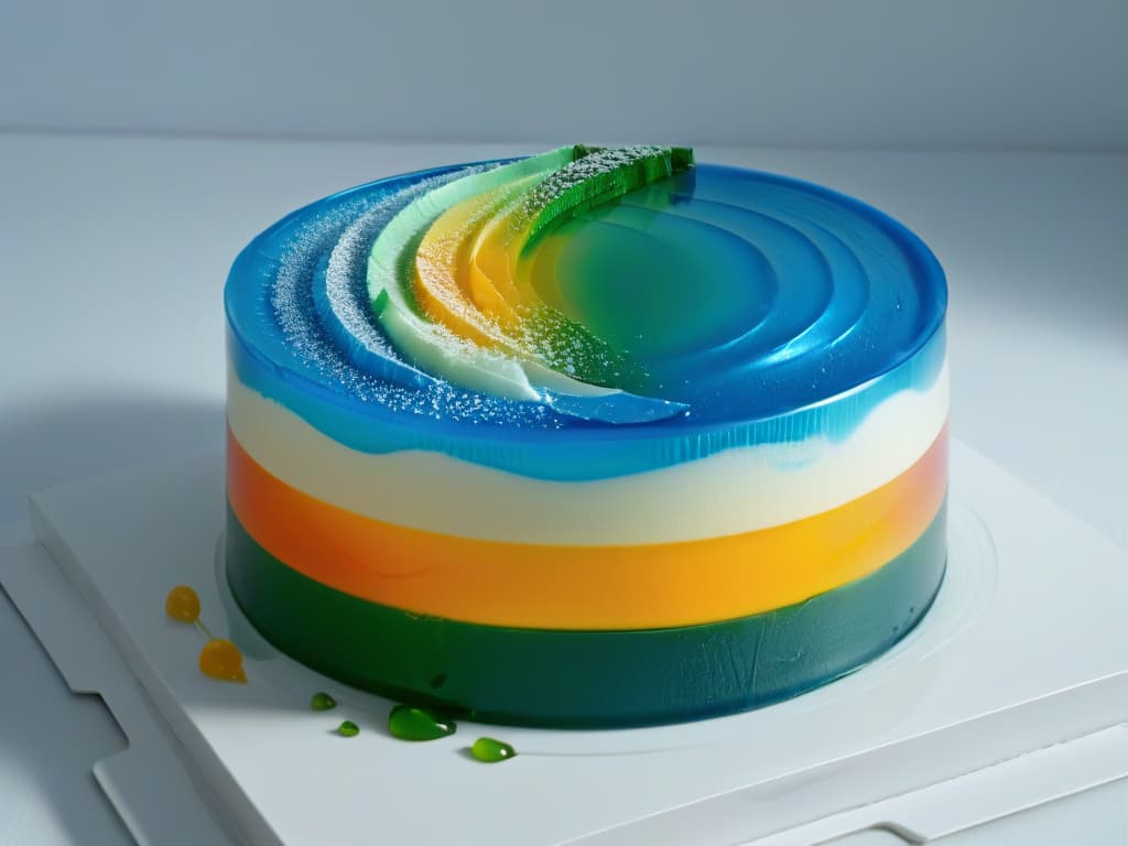  An ultradetailed closeup image of a perfectly set and glossy gelatin dessert, showcasing intricate layers of vibrant colors like a rainbow, with each layer perfectly defined and reflecting light to highlight the smooth texture achieved through the use of gelatin and agar agar. The focus is on the precise details of the dessert, capturing the light bouncing off its surface to emphasize the flawless texture and inviting appearance, all against a simple, clean background to enhance the minimalistic style desired for the article. hyperrealistic, full body, detailed clothing, highly detailed, cinematic lighting, stunningly beautiful, intricate, sharp focus, f/1. 8, 85mm, (centered image composition), (professionally color graded), ((bright soft diffused light)), volumetric fog, trending on instagram, trending on tumblr, HDR 4K, 8K