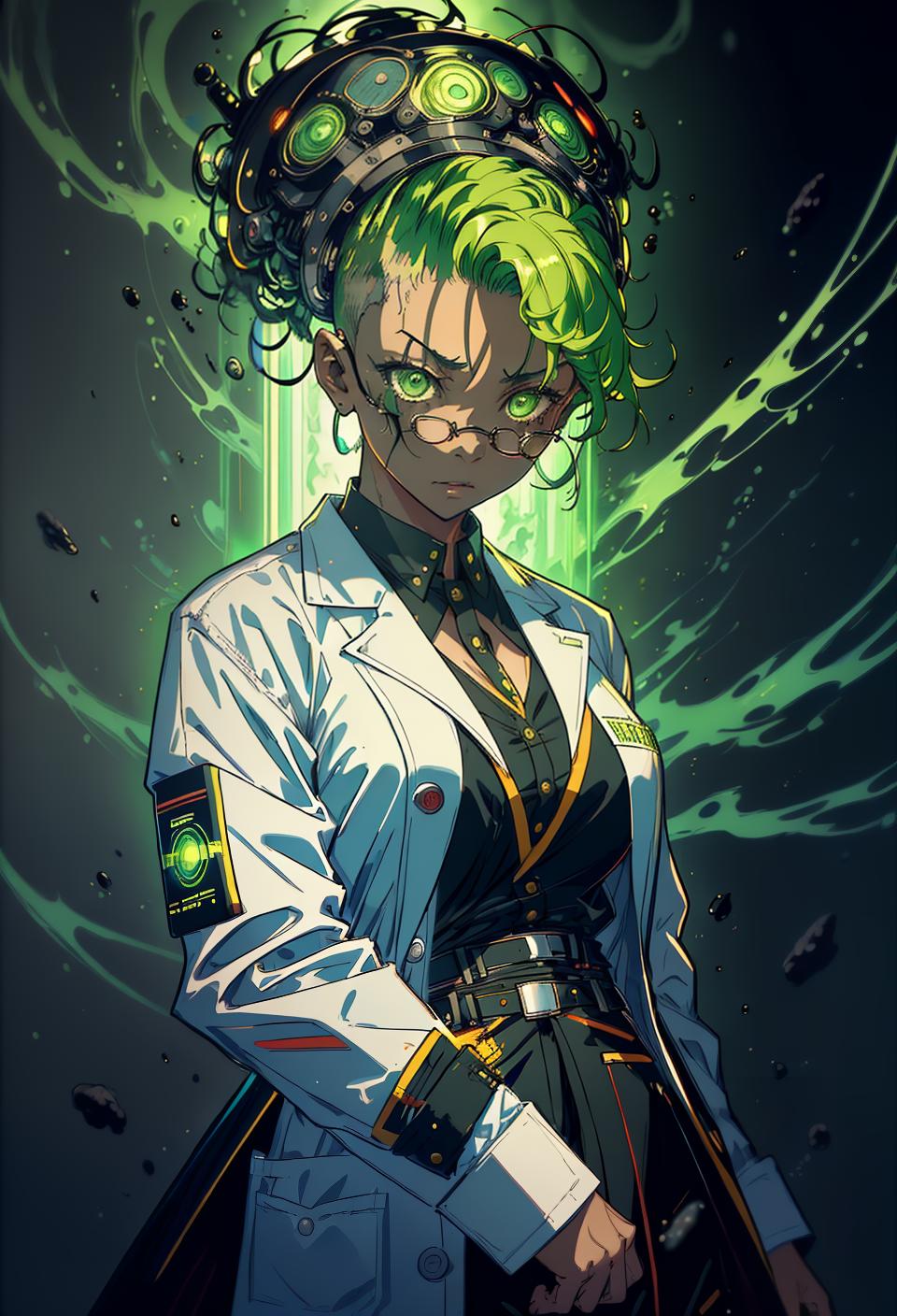  ((trending, highres, masterpiece, cinematic shot)), 1girl, young, female lab coat, otherworldly scene, very short wavy green hair, mohawk hairstyle, large amber eyes, psychopath, crazy personality, mischievous expression, very dark skin, epic, energetic