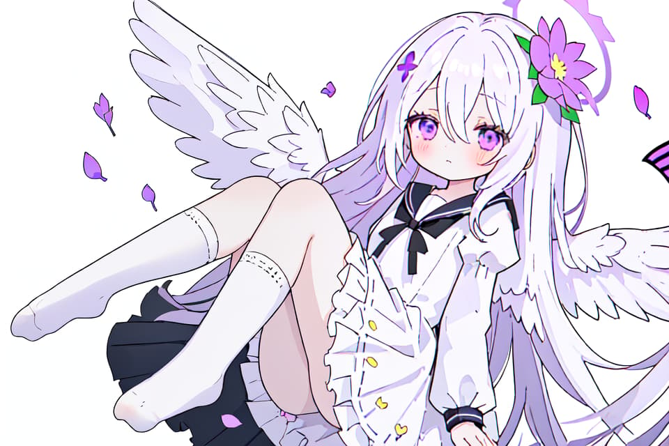  1girl,halo,on side,no shoes, hair ornament,white background,low wings,flower,black dress,feathered wings,blush,white sailor collar,very long hair,hair between eyes,closed mouth,frilled dress,white hair,dress,puffy long sleeves,,white wings,long sleeves,lying,puffy sleeves,socks,long hair,purple eyes,wings,hair flower,pleated dress,ribbon trim,sailor collar,high socks,solo,frills,white socks,crossover,loose socks,sailor dress,petals,bow,simple background,ribbon trimmed sleevesmasterpiece,newest,absurdres,safe