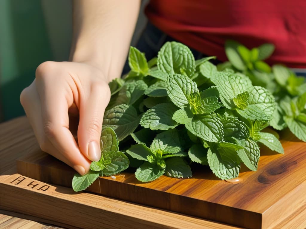  An ultracloseup shot of vibrant, fresh mint leaves being gently crushed between two fingers, releasing tiny, glistening droplets of essential oil against a soft, blurred background of a rustic wooden cutting board. The image captures the intricate details of the mint leaves, showcasing the veins and natural shine, while the soft lighting highlights the texture and freshness of the herb. The minimalistic composition focuses on the beauty and simplicity of nature's bounty, evoking a sense of freshness and purity that aligns perfectly with the theme of essential oils in baking for both intense flavors and health benefits. hyperrealistic, full body, detailed clothing, highly detailed, cinematic lighting, stunningly beautiful, intricate, sharp focus, f/1. 8, 85mm, (centered image composition), (professionally color graded), ((bright soft diffused light)), volumetric fog, trending on instagram, trending on tumblr, HDR 4K, 8K