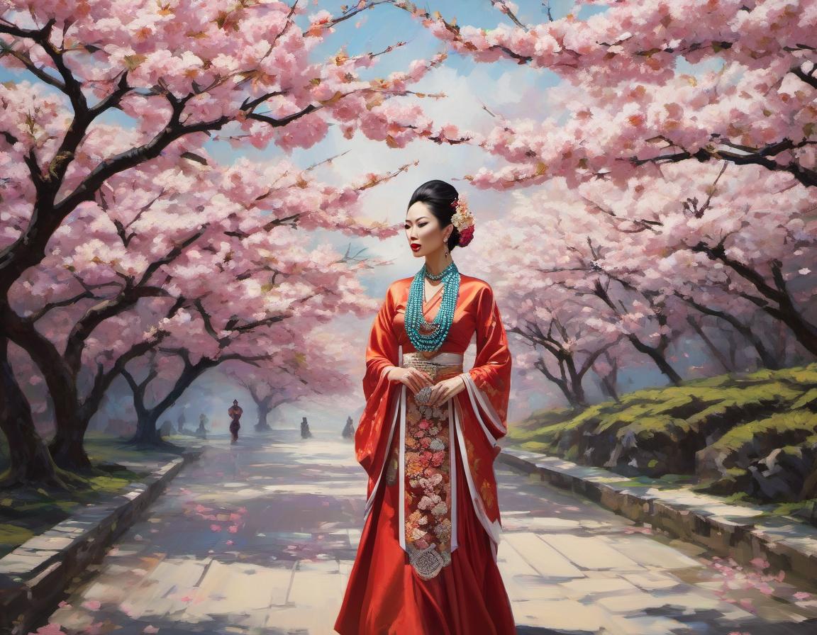  abstract expressionist painting An illustration of a woman in traditional Asian attire with intricate jewelry, against a backdrop of cherry blossoms. . energetic brushwork, bold colors, abstract forms, expressive, emotional hyperrealistic, full body, detailed clothing, highly detailed, cinematic lighting, stunningly beautiful, intricate, sharp focus, f/1. 8, 85mm, (centered image composition), (professionally color graded), ((bright soft diffused light)), volumetric fog, trending on instagram, trending on tumblr, HDR 4K, 8K