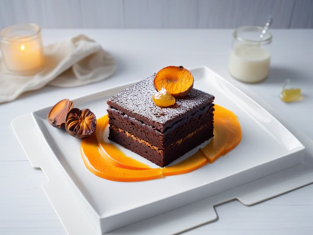  A closeup, ultradetailed image of a freshly baked brownie topped with sliced sweet potatoes and a drizzle of honey, all placed on a sleek, modern white plate with minimalist decor in the background. hyperrealistic, full body, detailed clothing, highly detailed, cinematic lighting, stunningly beautiful, intricate, sharp focus, f/1. 8, 85mm, (centered image composition), (professionally color graded), ((bright soft diffused light)), volumetric fog, trending on instagram, trending on tumblr, HDR 4K, 8K