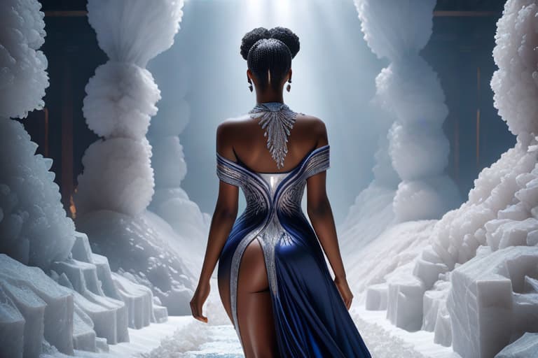  Hyper realistic art black female model concept full body art portrait, hyper detailed intricately detailed trending on Artstation triadic colors Unreal Engine 5 detailed matte painting, deep color, model wearing navy outfit, icicle dress, Issey miyaki, avant garde fashion, fantastical, intricate detail, splash screen, complementary colors, fantasy concept art, 8k resolution, . Extremely high resolution details, photographic, realism pushed to extreme, fine texture, salt crystals, textured salt fabric, marbel, layers of salt mine, incredibly lifelike hyperrealistic, full body, detailed clothing, highly detailed, cinematic lighting, stunningly beautiful, intricate, sharp focus, f/1. 8, 85mm, (centered image composition), (professionally color graded), ((bright soft diffused light)), volumetric fog, trending on instagram, trending on tumblr, HDR 4K, 8K