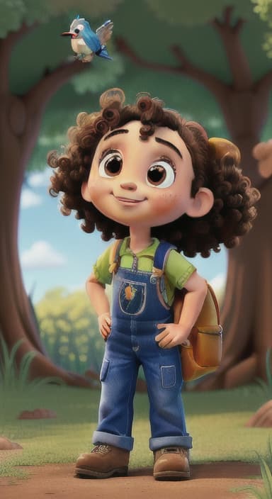  {Riley looking up at the tree with a big smile, animals surrounding them., Riley, a curious with big brown eyes and curly hair, wearing overalls and carrying a small backpack. Their friend, Skye, a bluebird with shiny feathers.