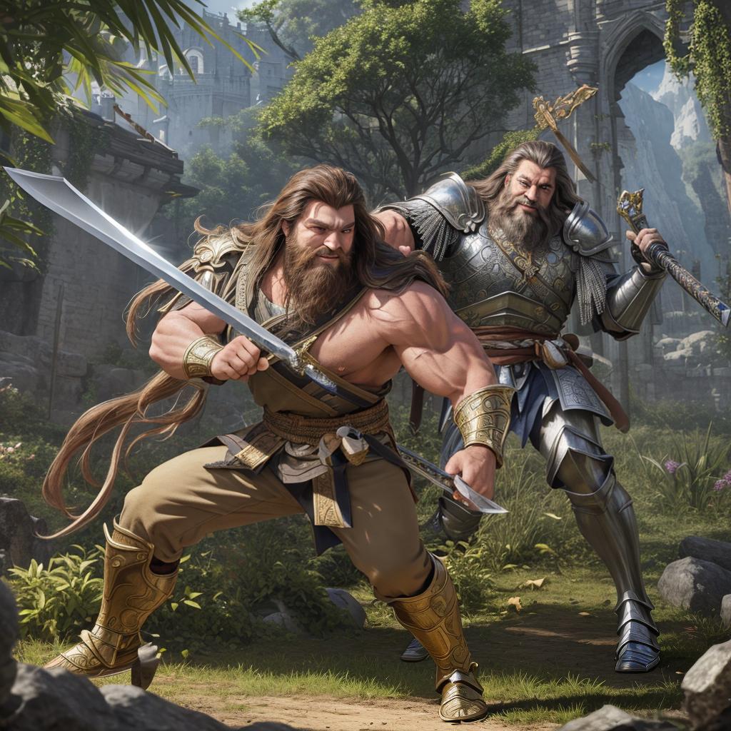  masterpiece, best quality, masterpiece,best quality,official art, extremely detailed CG unity 8k wallpaper,8k resolution,full body,exquisite facial features,muscle man,beard,smug,light smile,long hair,metal armor,fighting_stance,holding sword,castle,jungle